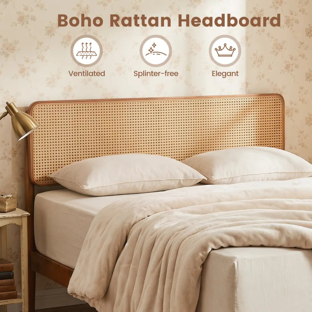 Wooden Boho Rattan Brown Bed Frame with Wooden Slat Support-Full - Simple Bed Frame