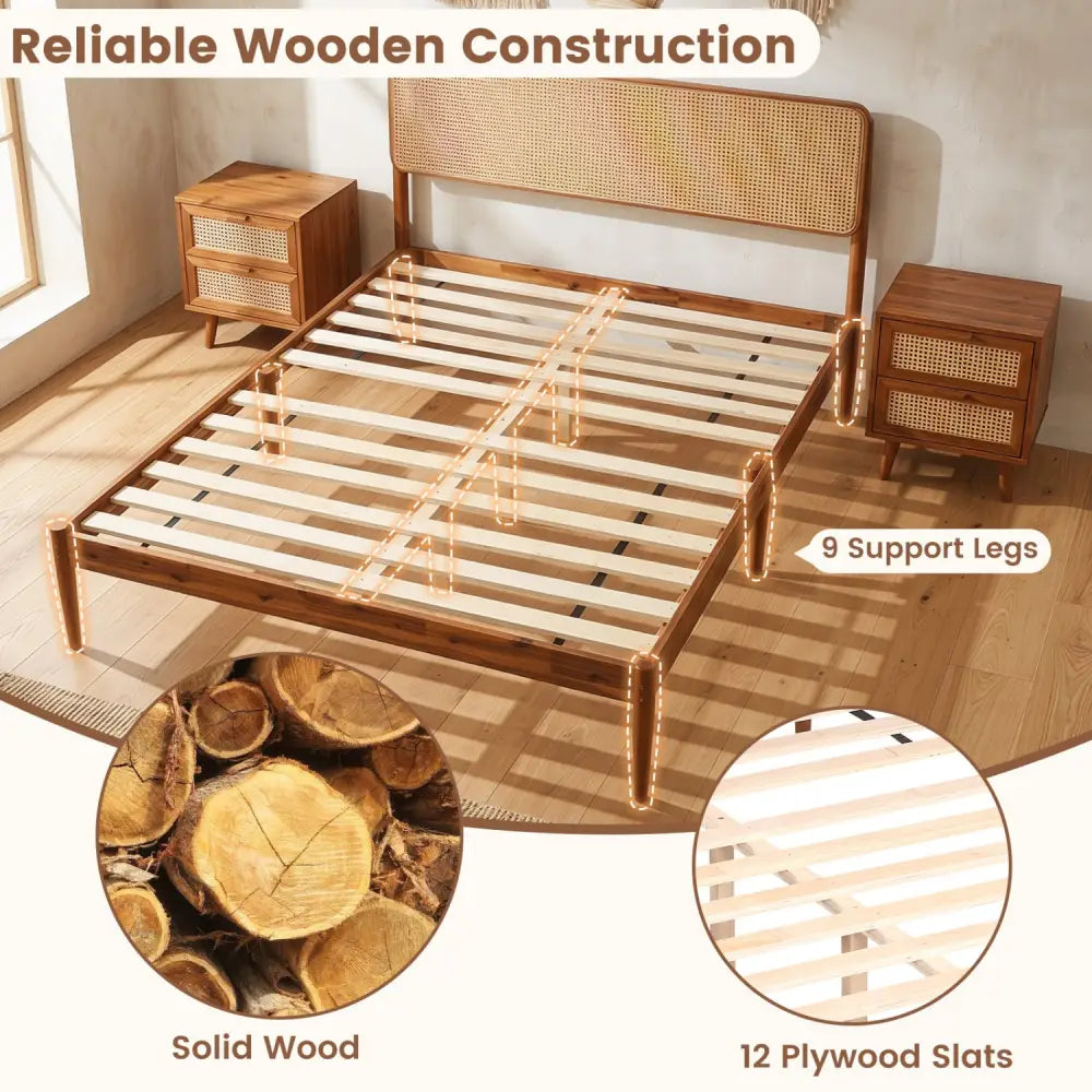 Wooden Boho Rattan Brown Bed Frame with Wooden Slat Support-Full - Simple Bed Frame