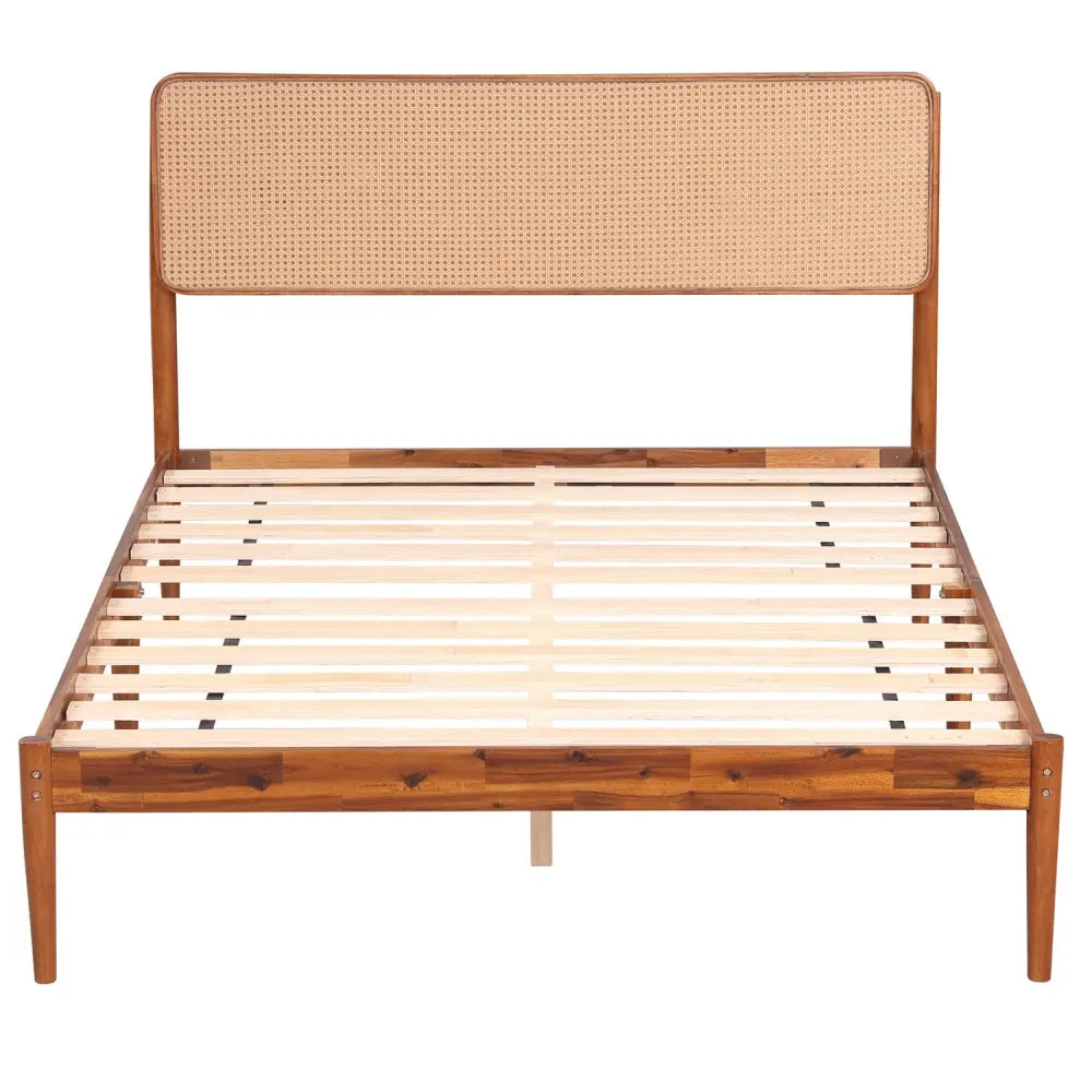 Wooden Boho Rattan Brown Bed Frame with Wooden Slat Support-Full - Simple Bed Frame