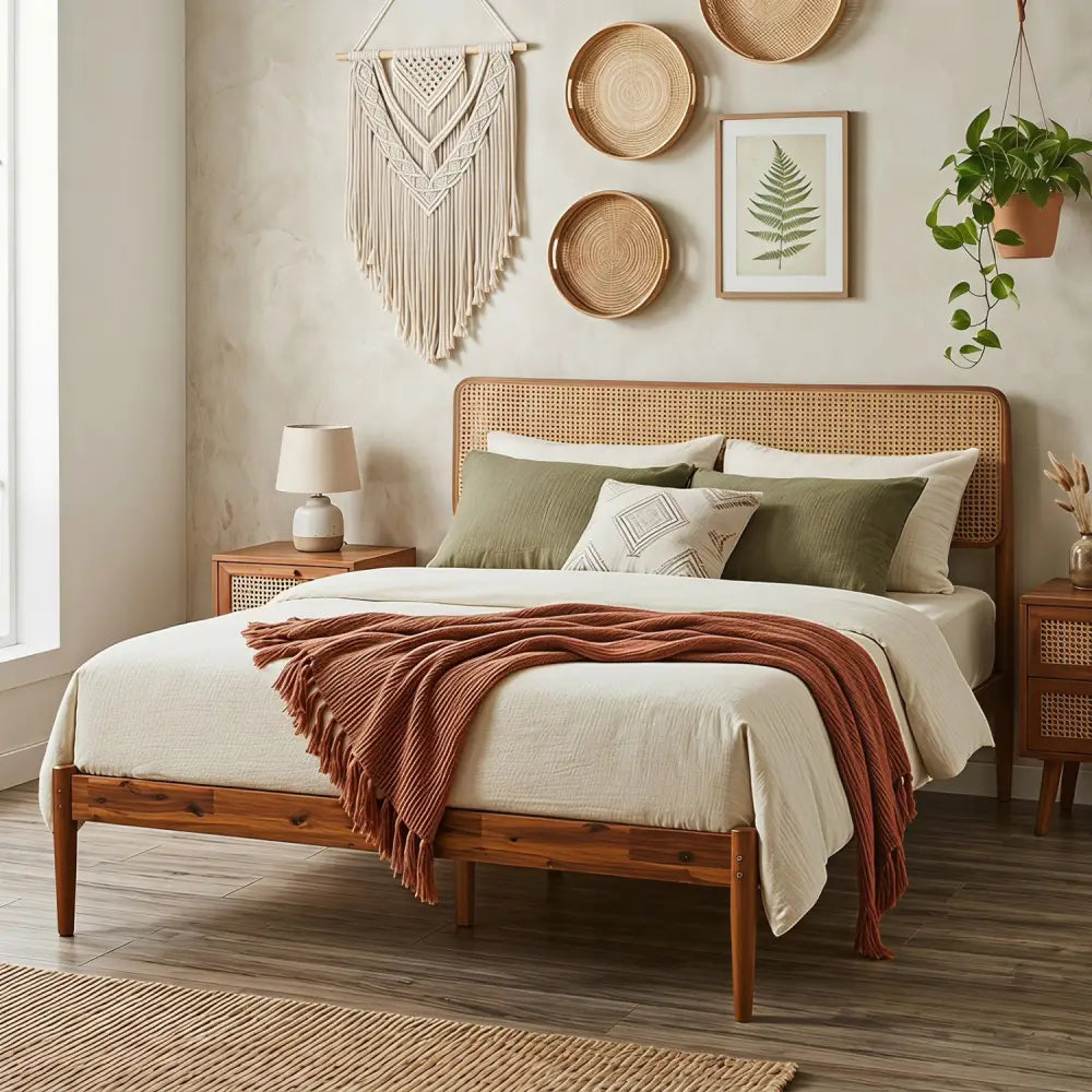 Wooden Boho Rattan Brown Bed Frame with Wooden Slat Support-Full - Simple Bed Frame