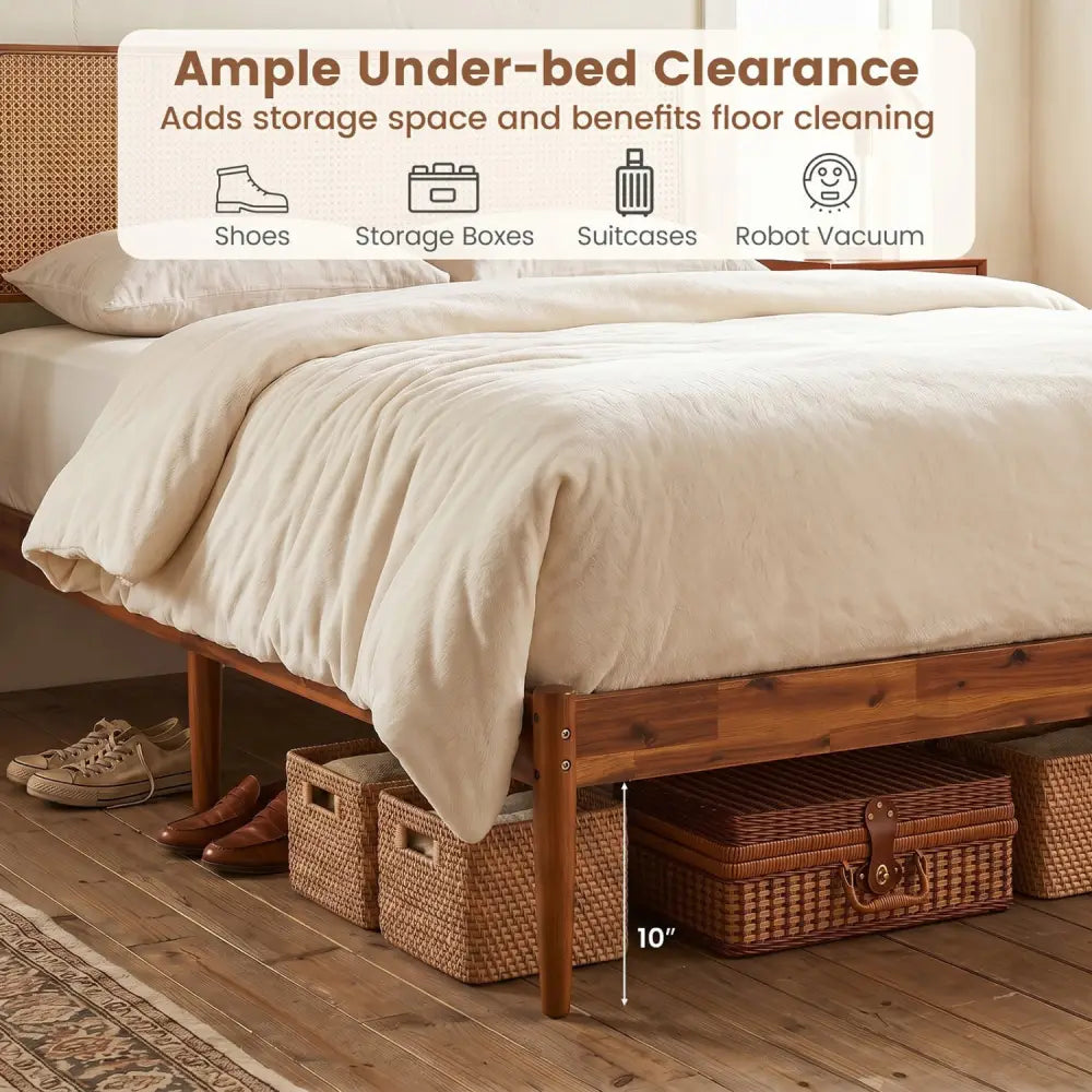 Wooden Boho Rattan Brown Bed Frame with Wooden Slat Support-Full - Simple Bed Frame