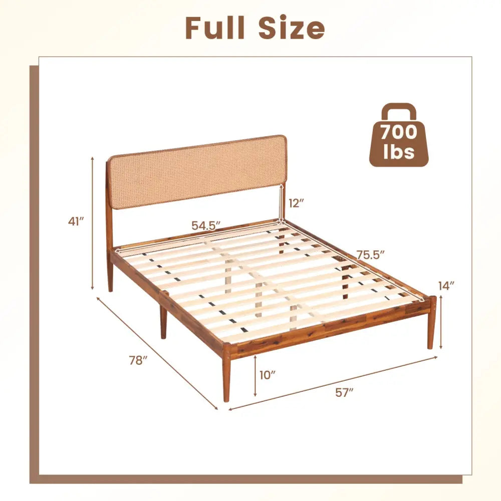 Wooden Boho Rattan Brown Bed Frame with Wooden Slat Support-Full - Simple Bed Frame