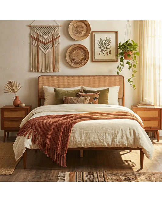 Wooden Boho Rattan Brown Bed Frame with Wooden Slat Support-Full - Simple Bed Frame