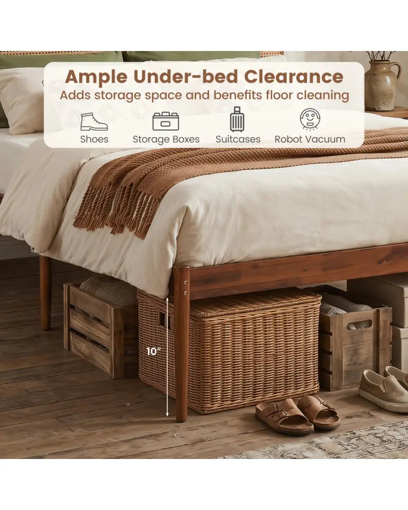 Wooden Boho Rattan Brown Bed Frame with Wooden Slat Support-Queen Size - Simple Bed Frame