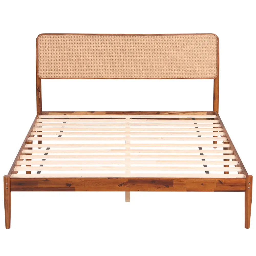 Wooden Boho Rattan Brown Bed Frame with Wooden Slat Support-Queen Size - Simple Bed Frame
