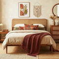 Wooden Boho Rattan Brown Bed Frame with Wooden Slat Support-Queen Size - Simple Bed Frame