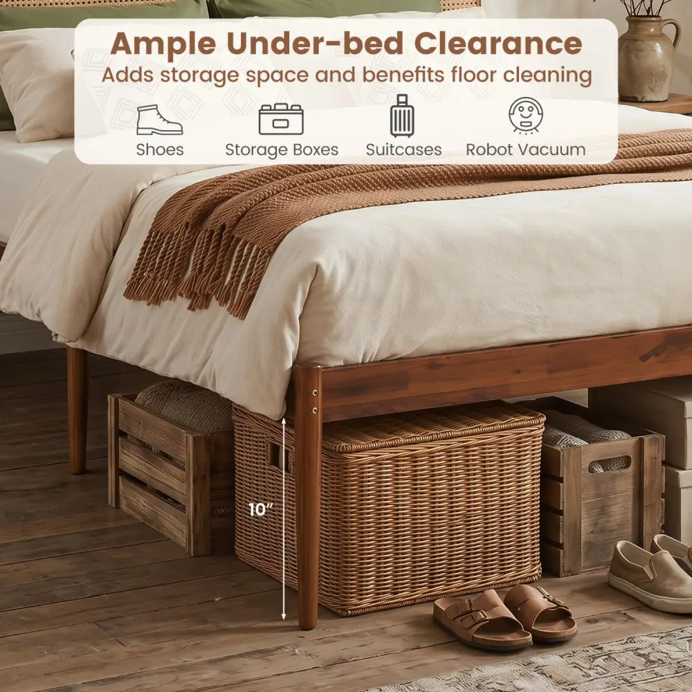 Wooden Boho Rattan Brown Bed Frame with Wooden Slat Support-Queen Size - Simple Bed Frame