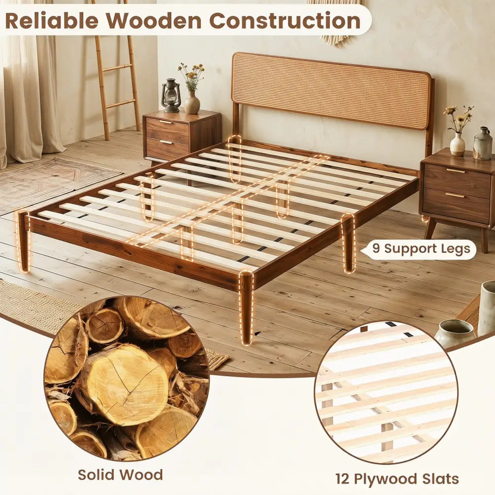Wooden Boho Rattan Brown Bed Frame with Wooden Slat Support-Queen Size - Simple Bed Frame