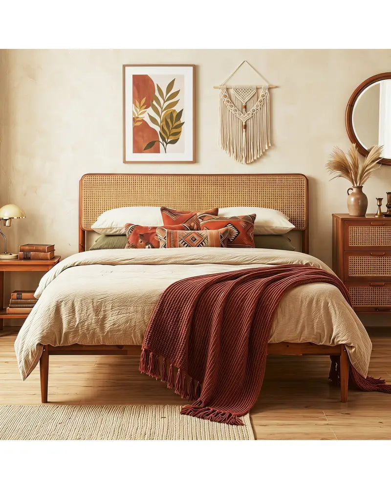 Wooden Boho Rattan Brown Bed Frame with Wooden Slat Support-Queen Size - Simple Bed Frame