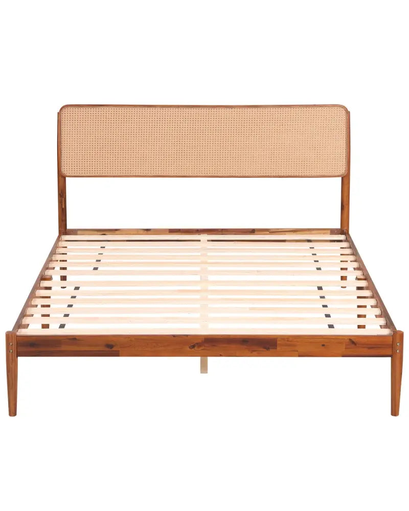 Wooden Boho Rattan Brown Bed Frame with Wooden Slat Support-Queen Size - Simple Bed Frame