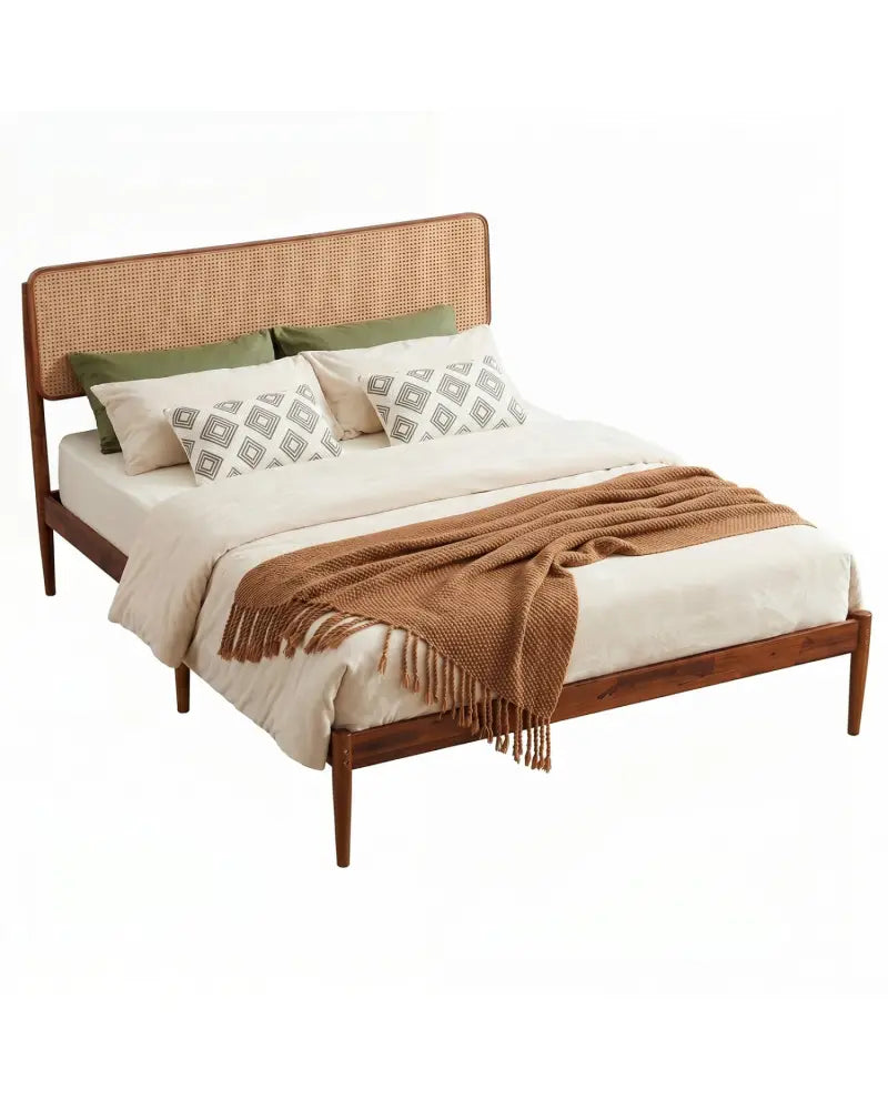 Wooden Boho Rattan Brown Bed Frame with Wooden Slat Support-Queen Size - Simple Bed Frame