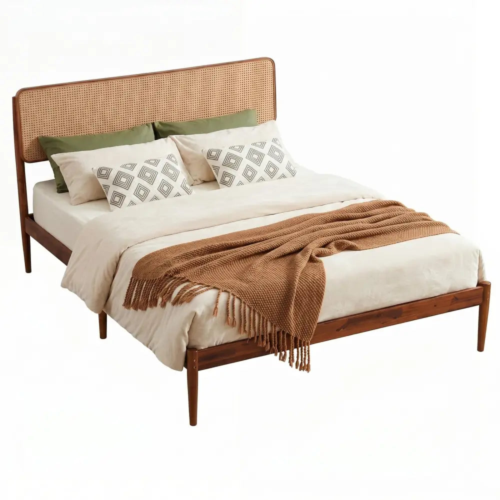 Wooden Boho Rattan Brown Bed Frame with Wooden Slat Support-Queen Size - Simple Bed Frame