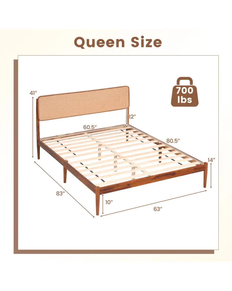 Wooden Boho Rattan Brown Bed Frame with Wooden Slat Support-Queen Size - Simple Bed Frame