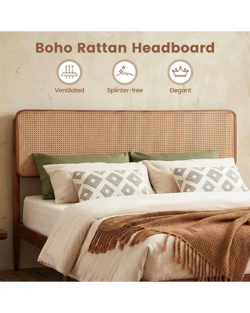 Wooden Boho Rattan Brown Bed Frame with Wooden Slat Support-Queen Size - Simple Bed Frame