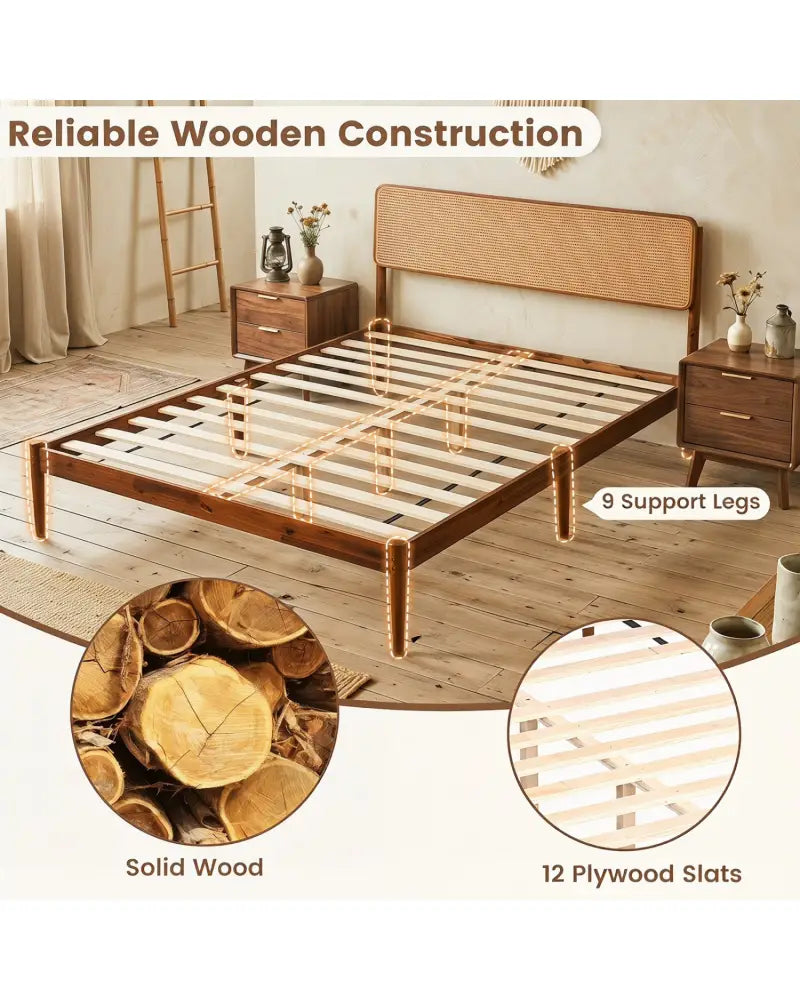 Wooden Boho Rattan Brown Bed Frame with Wooden Slat Support-Queen Size - Simple Bed Frame