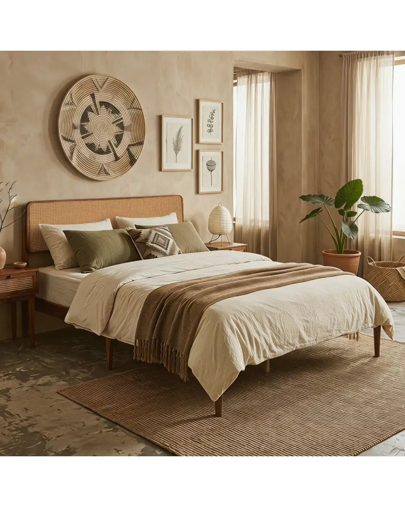 Wooden Boho Rattan Brown Bed Frame with Wooden Slat Support-Queen Size - Simple Bed Frame