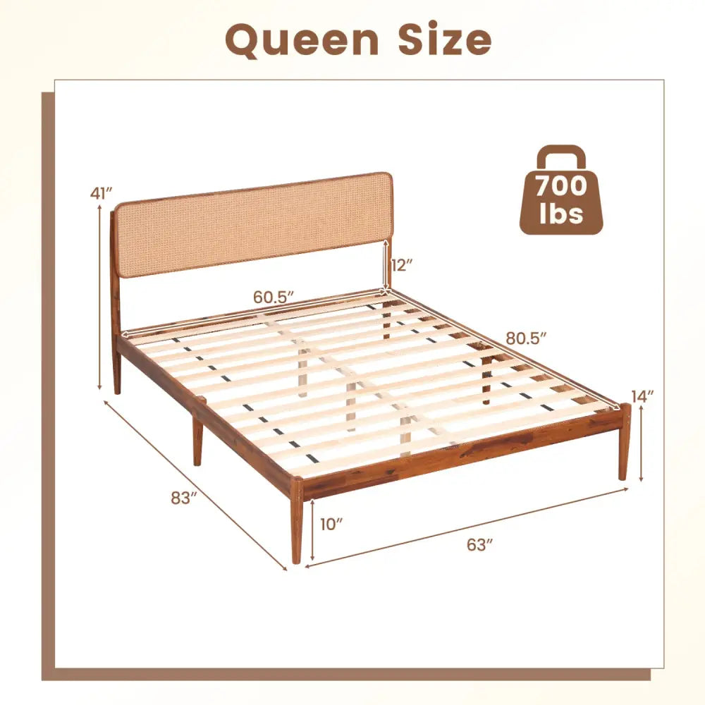 Wooden Boho Rattan Brown Bed Frame with Wooden Slat Support-Queen Size - Simple Bed Frame