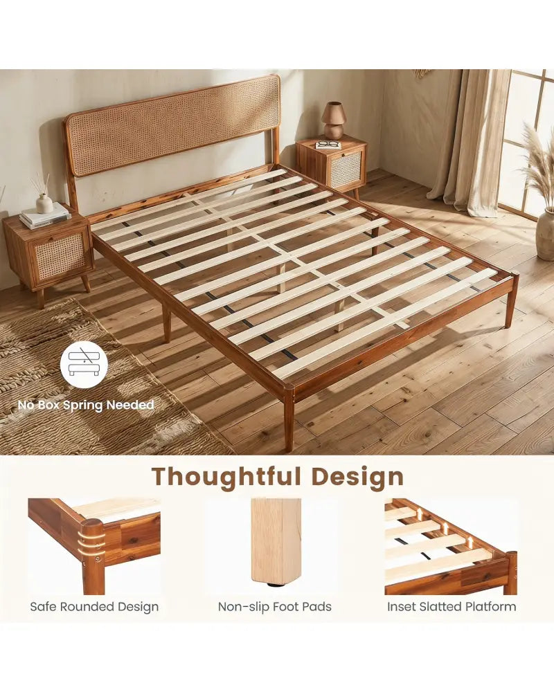 Wooden Boho Rattan Brown Bed Frame with Wooden Slat Support-Queen Size - Simple Bed Frame
