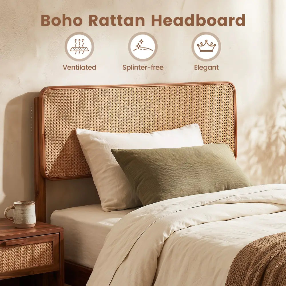 Wooden Boho Rattan Brown Bed Frame with Wooden Slat Support-Twin - Simple Bed Frame