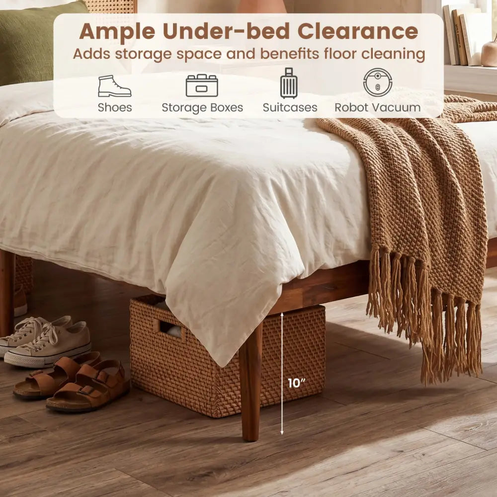 Wooden Boho Rattan Brown Bed Frame with Wooden Slat Support-Twin - Simple Bed Frame