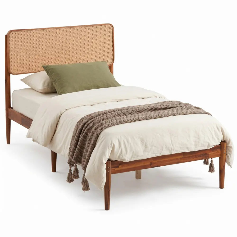 Wooden Boho Rattan Brown Bed Frame with Wooden Slat Support-Twin - Simple Bed Frame