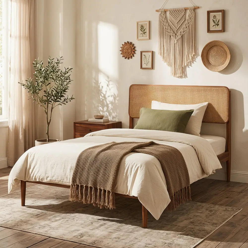 Wooden Boho Rattan Brown Bed Frame with Wooden Slat Support-Twin - Simple Bed Frame