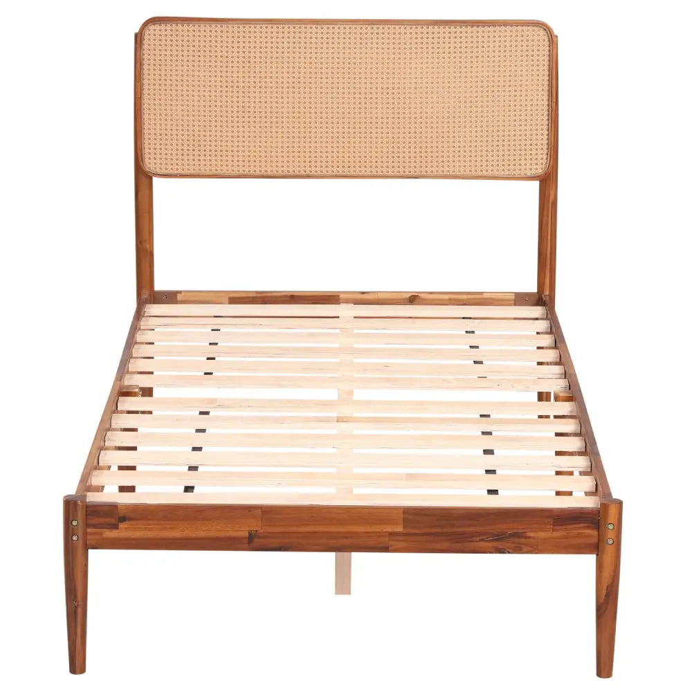 Wooden Boho Rattan Brown Bed Frame with Wooden Slat Support-Twin - Simple Bed Frame