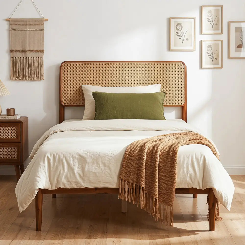 Wooden Boho Rattan Brown Bed Frame with Wooden Slat Support-Twin - Simple Bed Frame