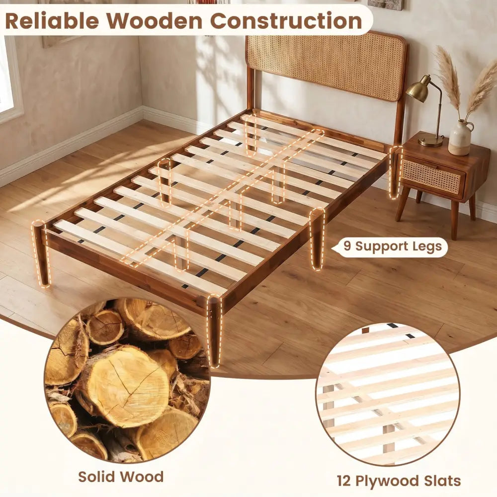 Wooden Boho Rattan Brown Bed Frame with Wooden Slat Support-Twin - Simple Bed Frame