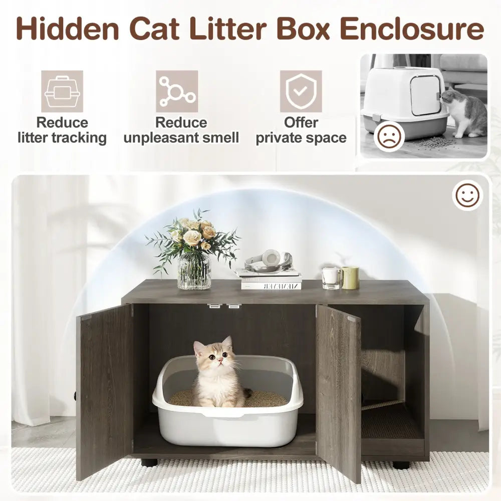 Wooden Cat Litter Box Enclosure Hidden Litter Box Furniture with Scratching Board-Oak - Oak - Cat Houses