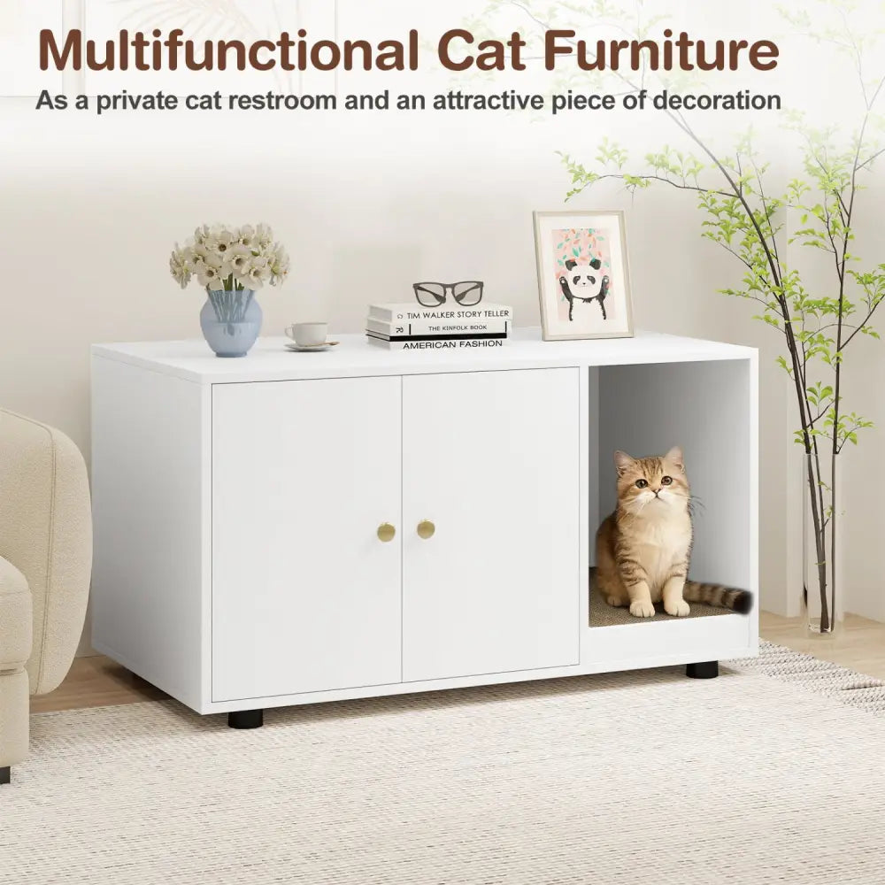 Wooden Cat Litter Box Enclosure Hidden Litter Box Furniture with Scratching Board-White - White - Cat Houses