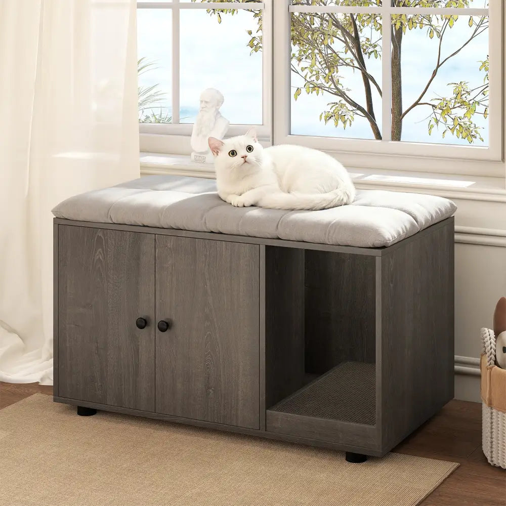 Wooden Cat Litter Box Enclosure Hidden Litter Box Furniture with Scratching Board-Oak - Oak - Cat Houses