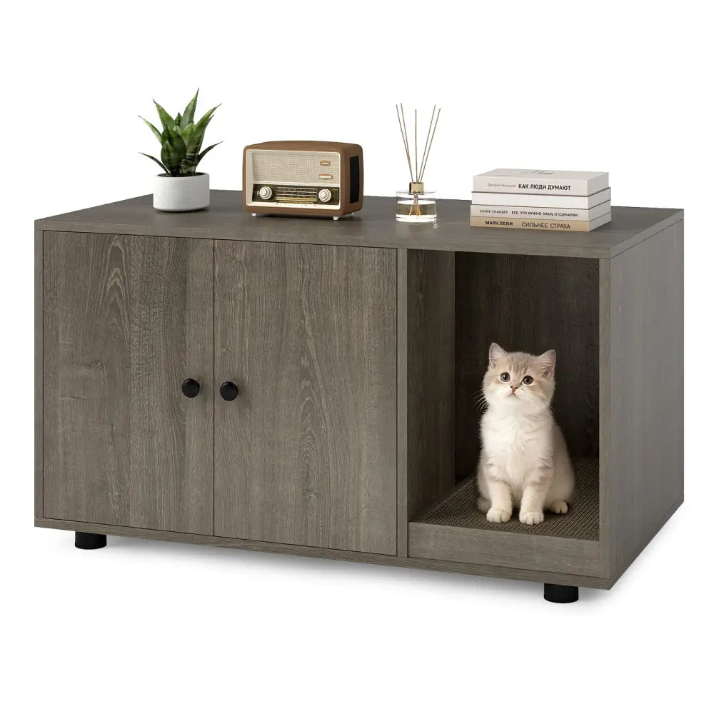 Wooden Cat Litter Box Enclosure Hidden Litter Box Furniture with Scratching Board-Oak - Oak - Cat Houses