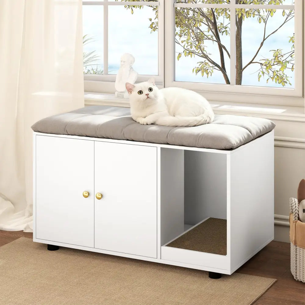 Wooden Cat Litter Box Enclosure Hidden Litter Box Furniture with Scratching Board-White - White - Cat Houses