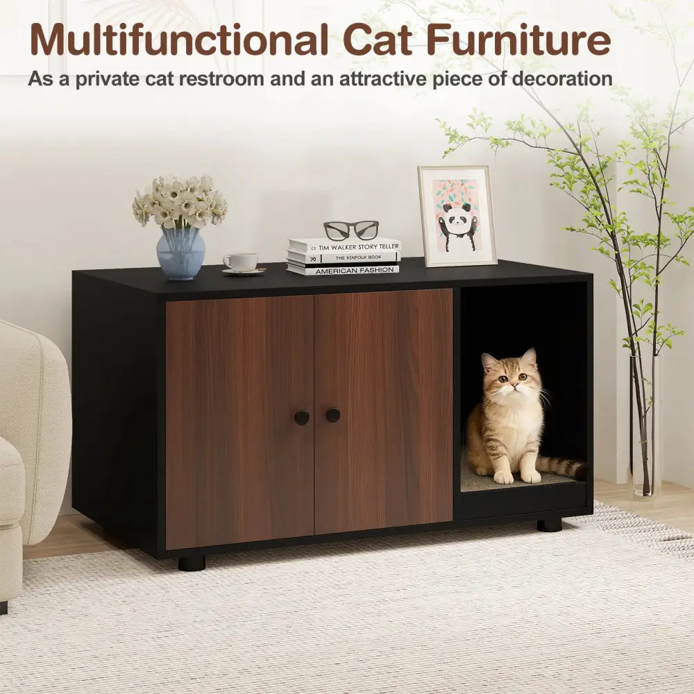 Wooden Cat Litter Box Enclosure Hidden Litter Box Furniture with Scratching Board-Black - Black - Cat Houses