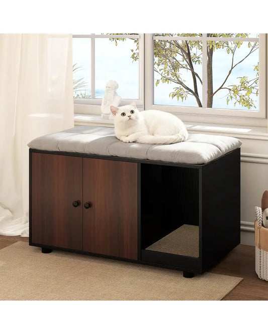 Wooden Cat Litter Box Enclosure Hidden Litter Box Furniture with Scratching Board-Black - Black - Cat Houses