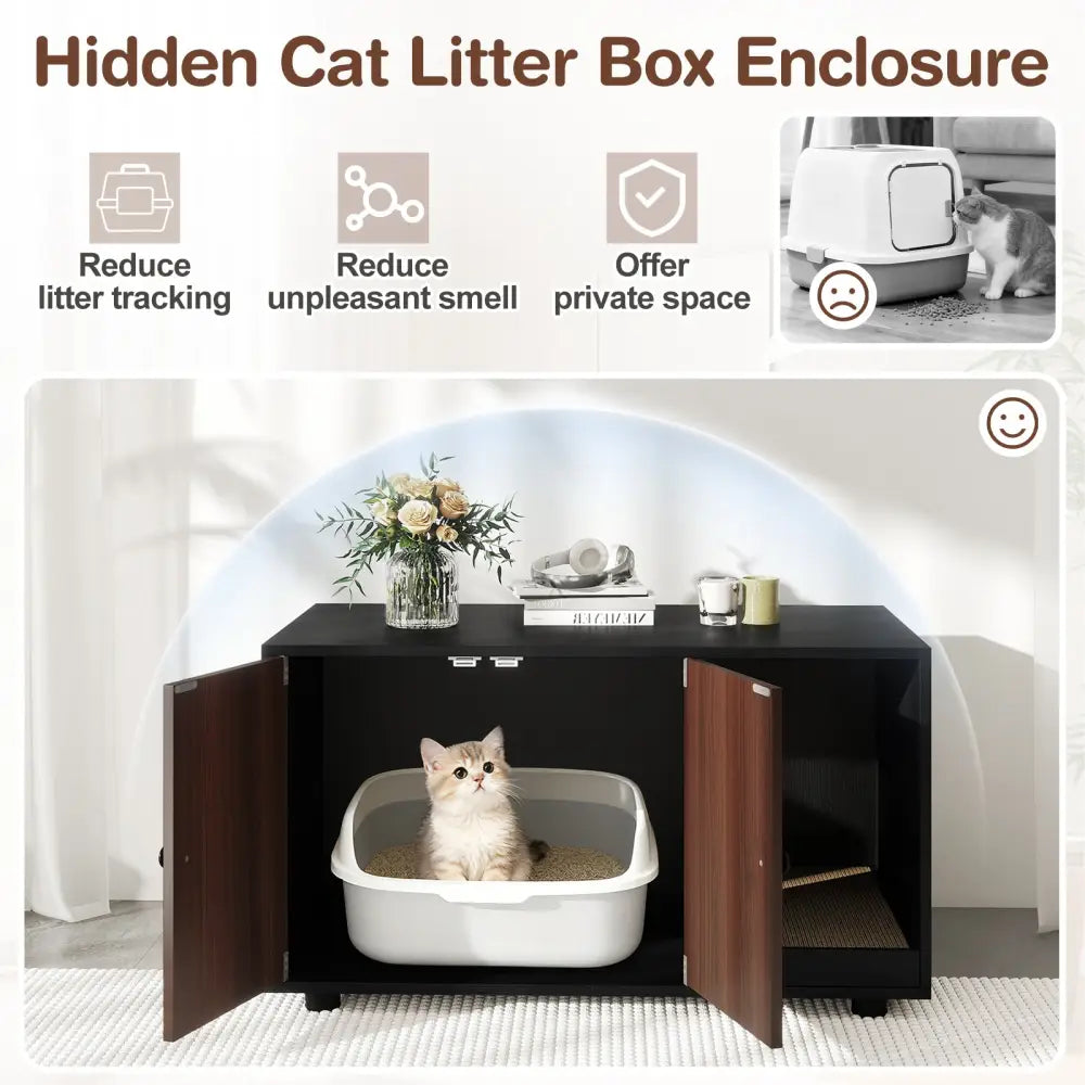 Wooden Cat Litter Box Enclosure Hidden Litter Box Furniture with Scratching Board-Black - Black - Cat Houses