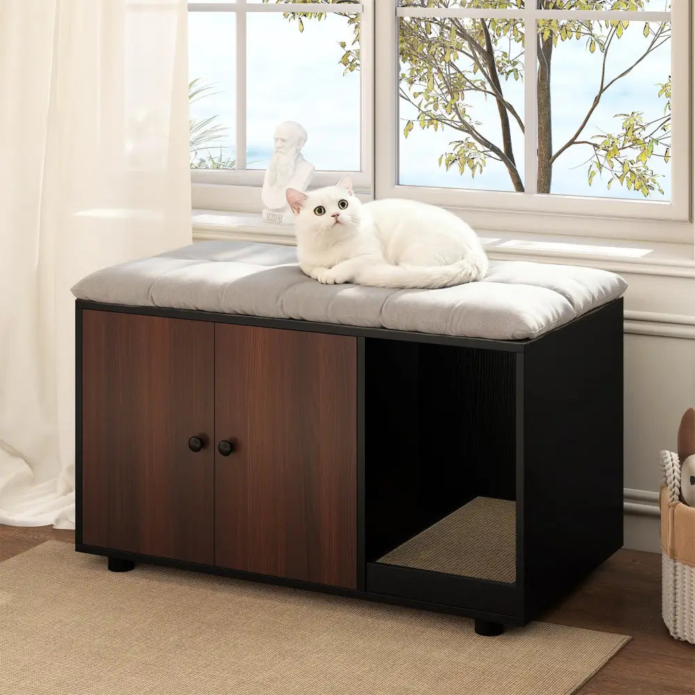 Wooden Cat Litter Box Enclosure Hidden Litter Box Furniture with Scratching Board-Black - Black - Cat Houses