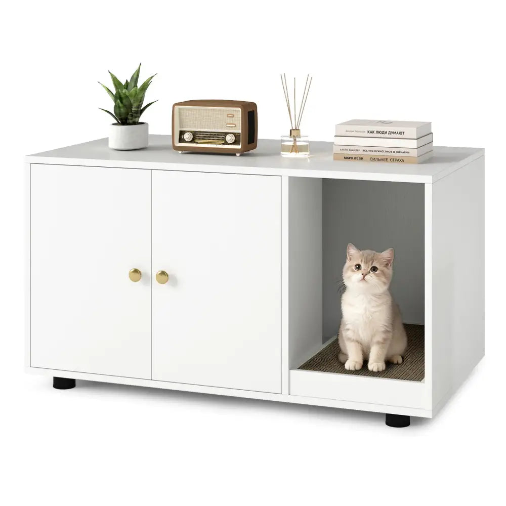 Wooden Cat Litter Box Enclosure Hidden Litter Box Furniture with Scratching Board-White - White - Cat Houses