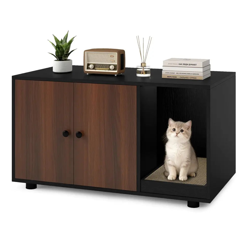 Wooden Cat Litter Box Enclosure Hidden Litter Box Furniture with Scratching Board-Black - Black - Cat Houses