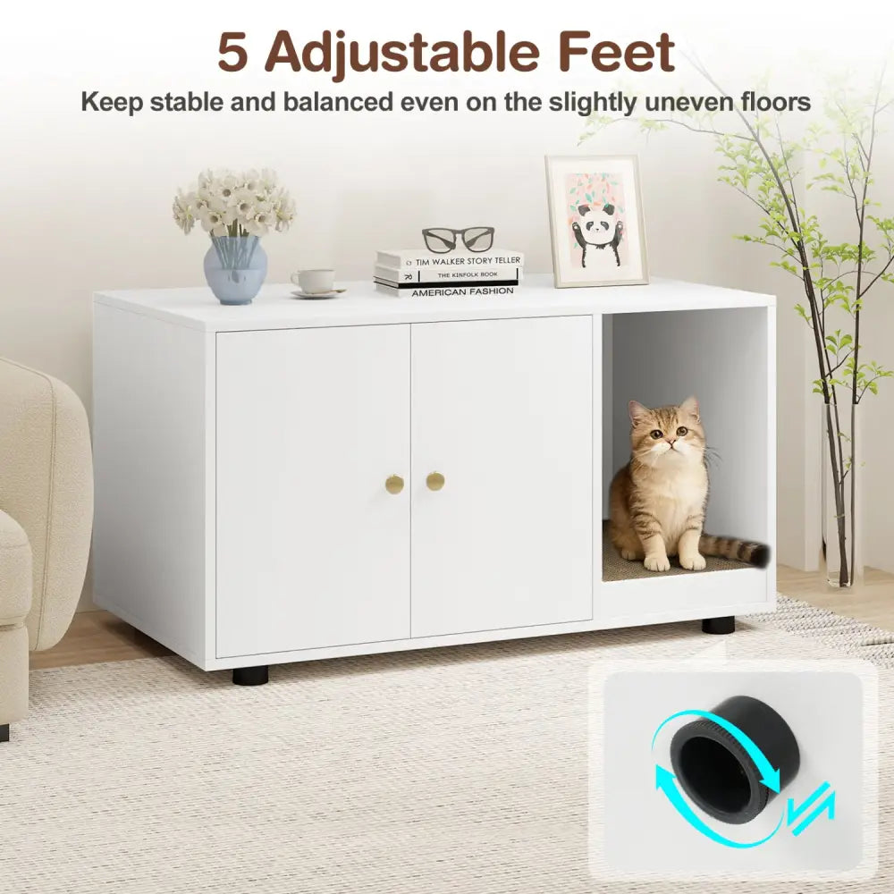 Wooden Cat Litter Box Enclosure Hidden Litter Box Furniture with Scratching Board-White - White - Cat Houses