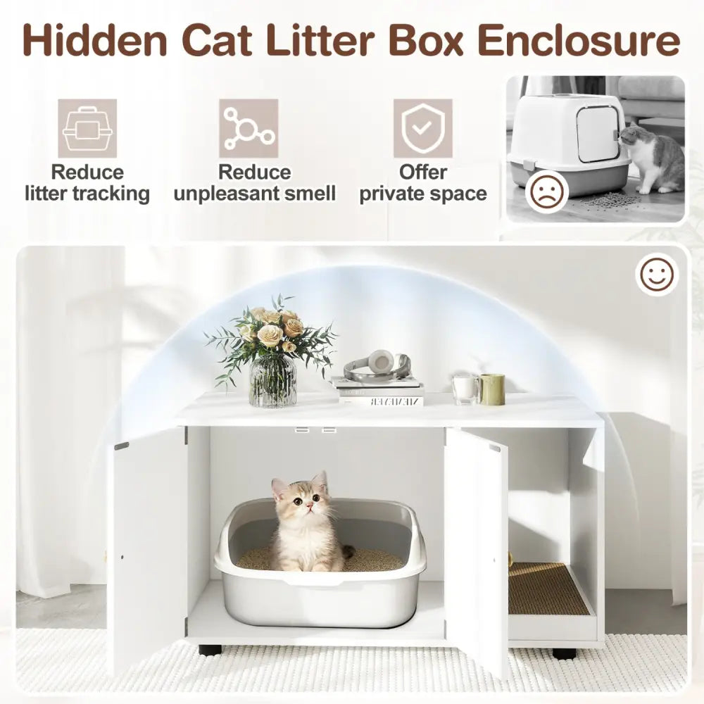 Wooden Cat Litter Box Enclosure Hidden Litter Box Furniture with Scratching Board-White - White - Cat Houses