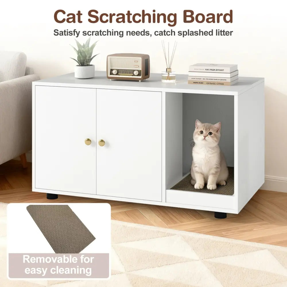 Wooden Cat Litter Box Enclosure Hidden Litter Box Furniture with Scratching Board-White - White - Cat Houses