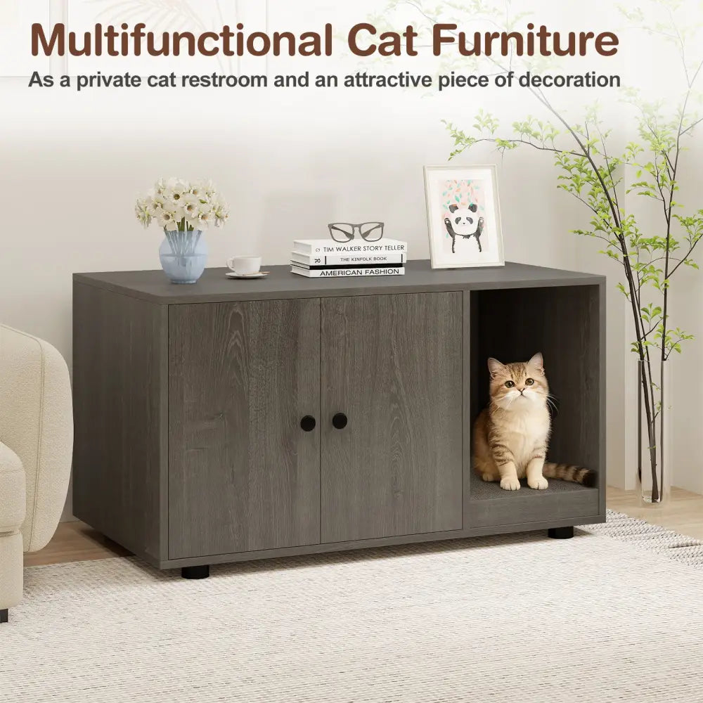 Wooden Cat Litter Box Enclosure Hidden Litter Box Furniture with Scratching Board-Oak - Oak - Cat Houses