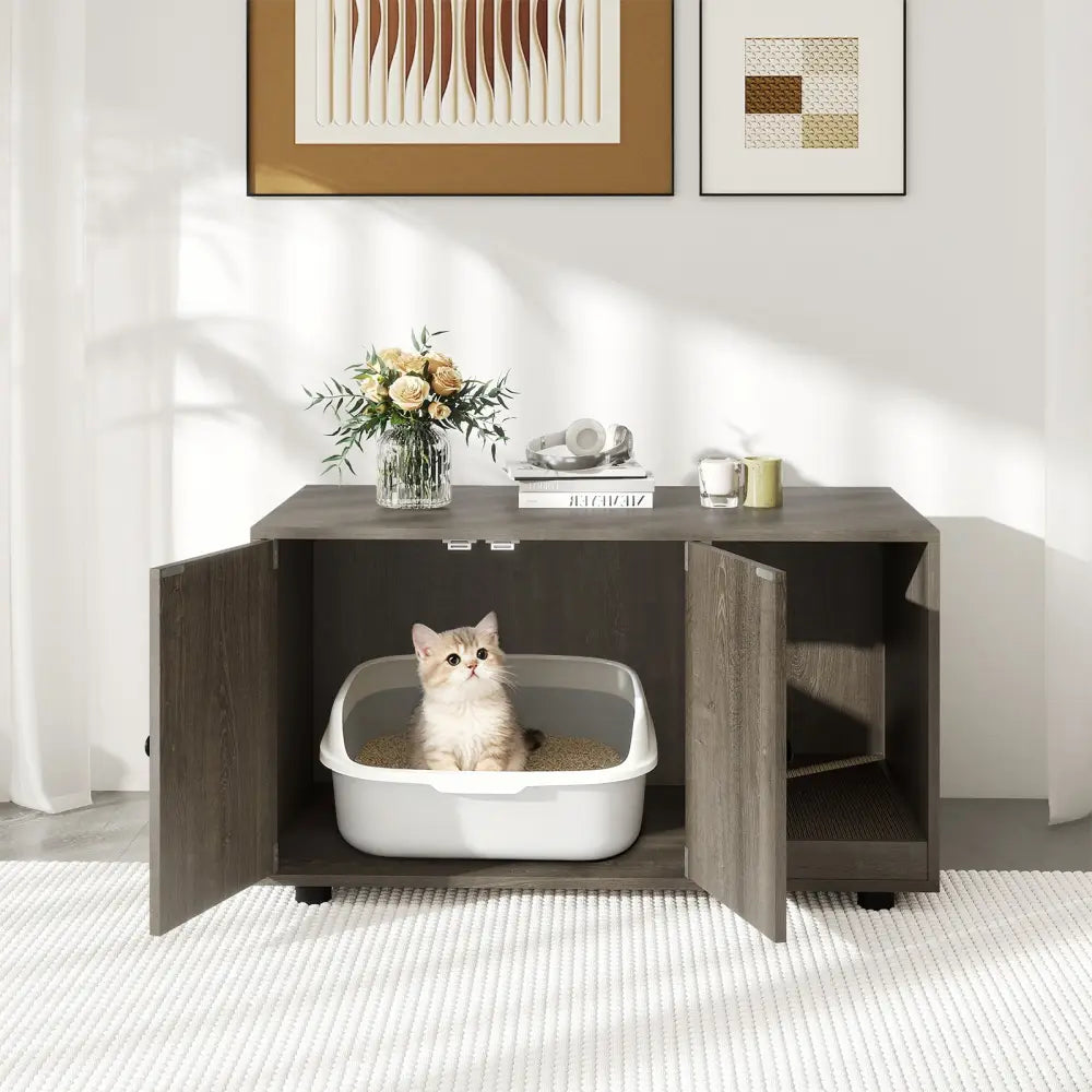 Wooden Cat Litter Box Enclosure Hidden Litter Box Furniture with Scratching Board-Oak - Oak - Cat Houses