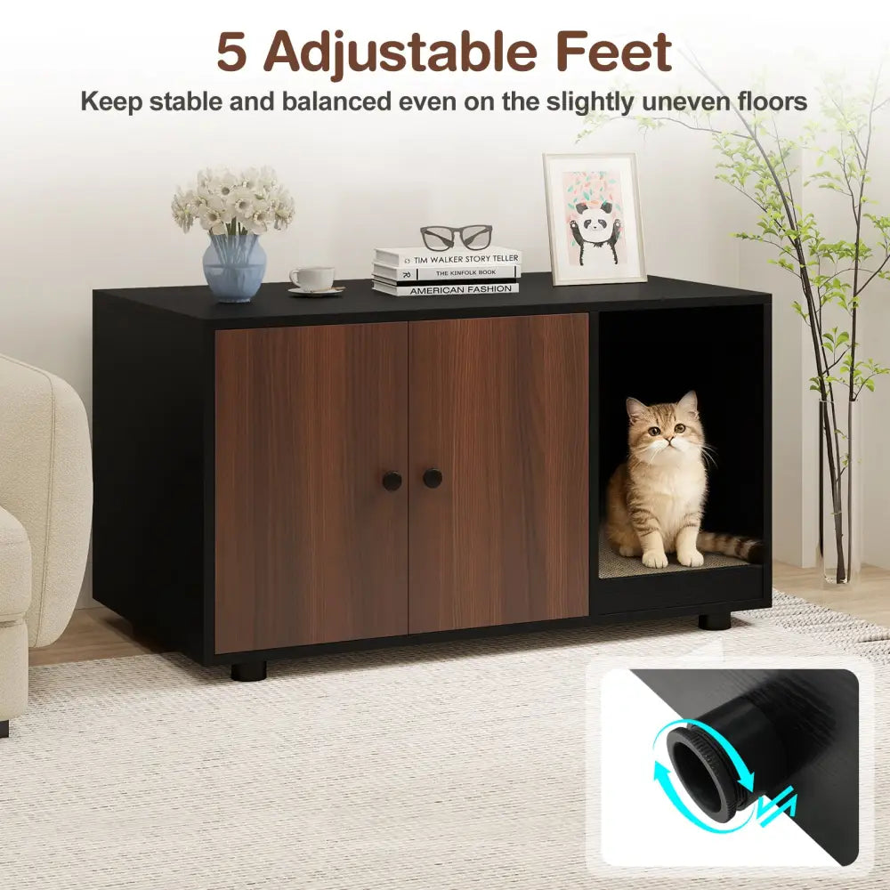 Wooden Cat Litter Box Enclosure Hidden Litter Box Furniture with Scratching Board-Black - Black - Cat Houses