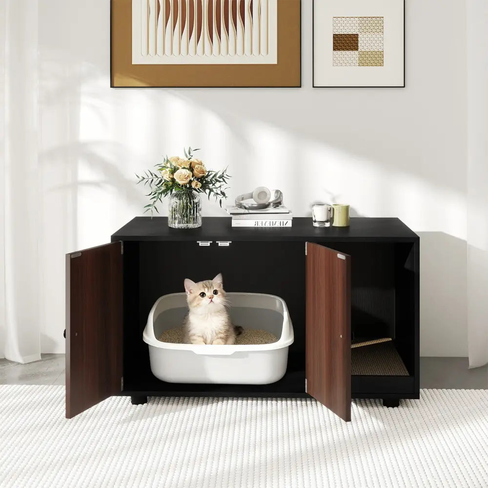 Wooden Cat Litter Box Enclosure Hidden Litter Box Furniture with Scratching Board-Black - Black - Cat Houses