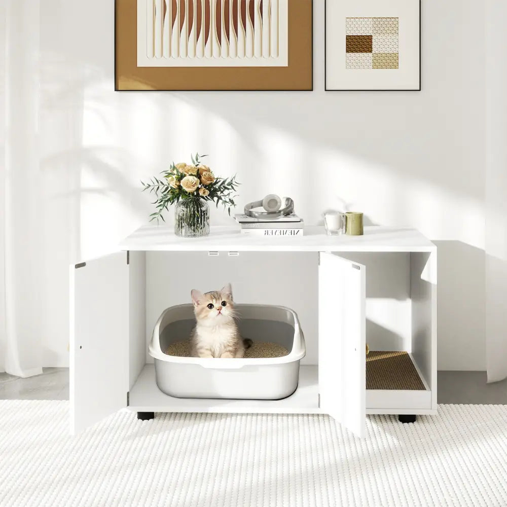 Wooden Cat Litter Box Enclosure Hidden Litter Box Furniture with Scratching Board-White - White - Cat Houses