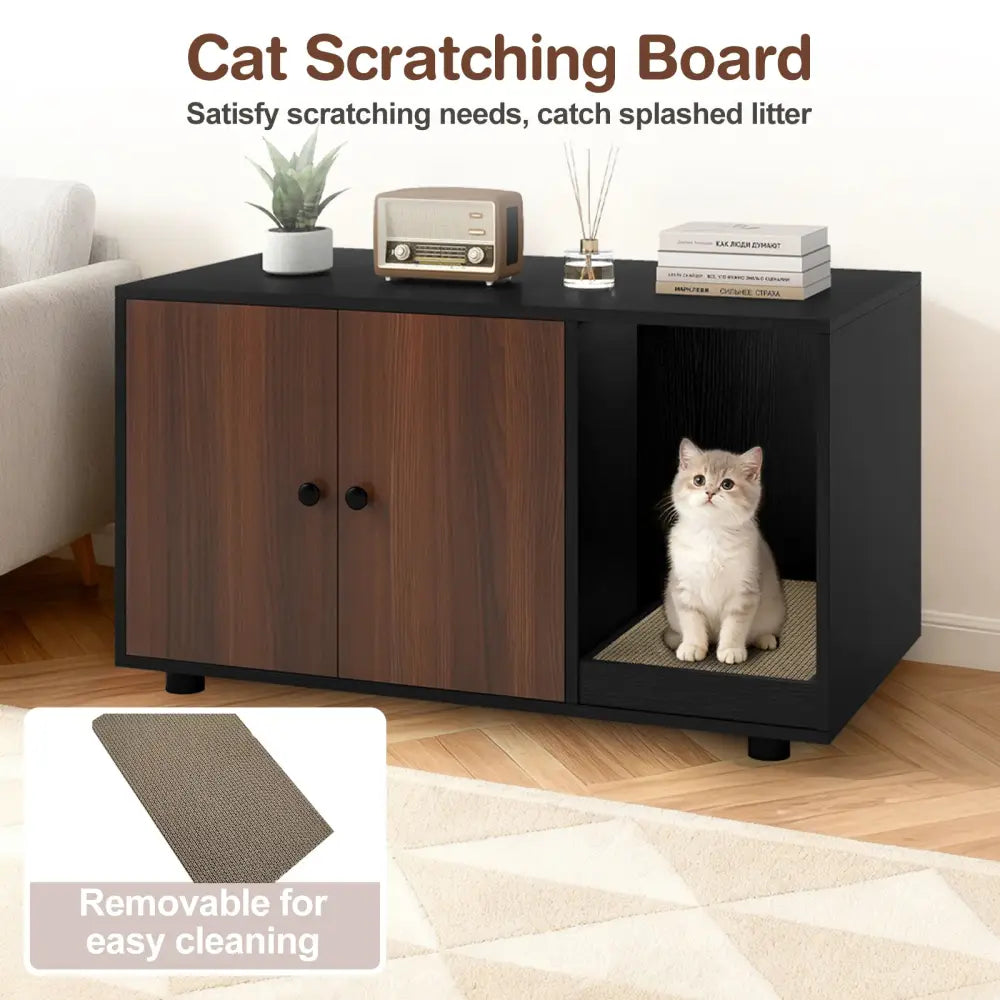 Wooden Cat Litter Box Enclosure Hidden Litter Box Furniture with Scratching Board-Black - Black - Cat Houses
