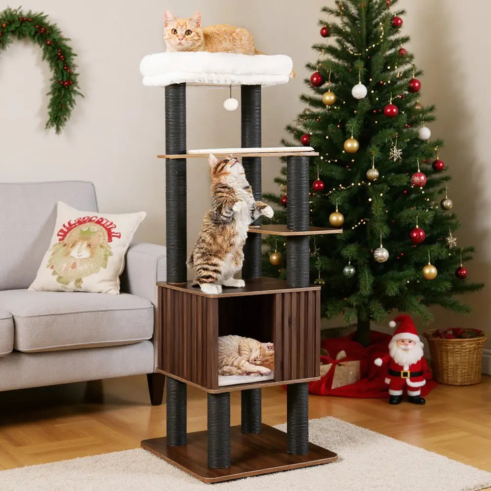 Wooden Cat Tower Top Perch with Soft Padding-Brown - Brown - Cat Trees Condos & Scratchers